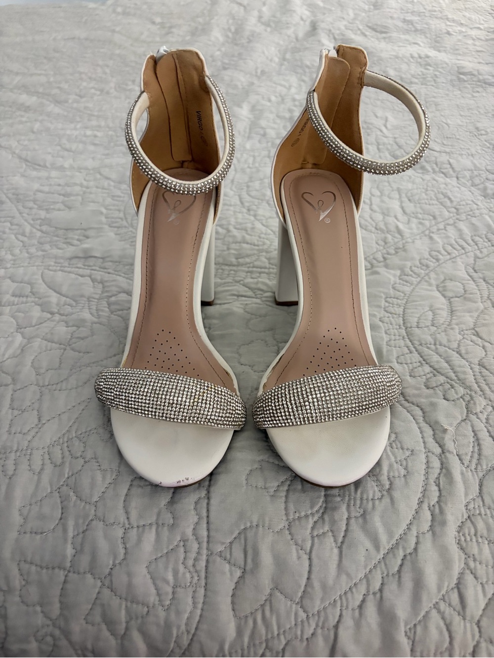 Windsor White Rhinestone Ankle-Strap Block Heels